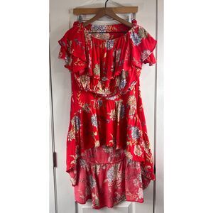 The Room Women's 2 Piece Top Skirt Set Red Floral High Low Hem Rayon Size M